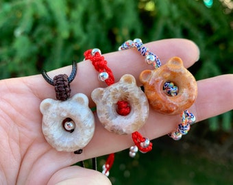 Custom Carved Tiger Donut  Fossil Coral Jewelry - Handmade Braided Bracelet - Lucky Bracelet - Kids Bracelet - Wax cord necklace