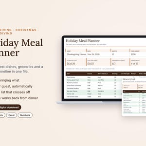 May include: A digital Holiday Meal Planner template displayed on a laptop screen and a smaller window, featuring tables for event details, guest dishes, and a grocery list. Text includes Thanksgiving, Christmas, Friendsgiving, and software compatibility labels.