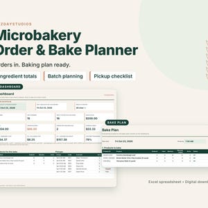 May include: A digital Microbakery Order & Bake Planner spreadsheet featuring a dashboard and bake plan interface. The layout includes sections for ingredient totals, batch planning, and a pickup checklist with data tables for tracking orders, costs, and production schedules.