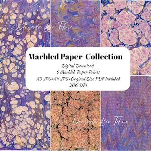 May include: A collection of five marbled paper prints in various color schemes, including purple, blue, and gold. The image includes the text "Marbled Paper Collection" and details about the digital download, such as file types and resolution.