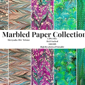 May include: A collection of marbled paper designs in various colors, including brown, blue, purple, and green. The image displays several patterns with swirling and dotted textures. Text on the image reads "Marbled Paper Collection" and "5 JPG Files, 11x14 inches, 300 DPI, High Resolution Printable."