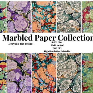 May include: A collection of marbled paper designs in various colors, including green, purple, orange, and blue. The text "Marbled Paper Collection" is displayed, along with details about the files, size (11x14 inches), and resolution.