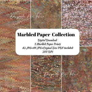 Puede incluir: Una descarga digital que presenta una colección de cinco impresiones de papel veteado. Las impresiones muestran varios patrones en tonos de marrón, rojo y azul. La imagen incluye el texto "Marbled Paper Collection" y detalles sobre los formatos de archivo y la resolución.