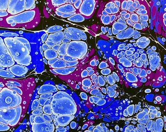 Hand Marbled Paper – Blue Marbled Endpaper for Bookbinding & Crafts