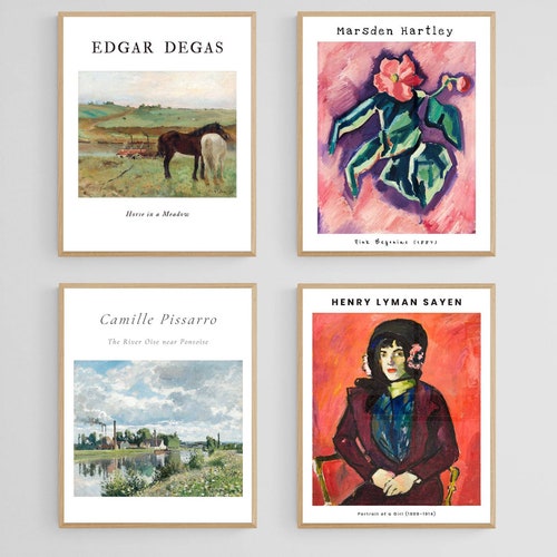 Framed wall art. Set of shops 4 famous art prints with frame. Edgar Degas, Pissarro, Marsden Hartley, Henry Lyman. Vintage and modern home decor.