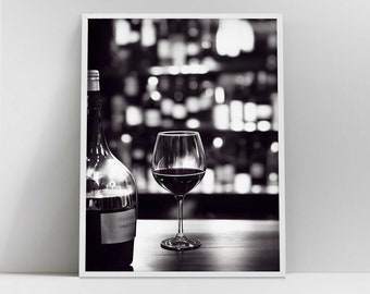 Black & White Wine Glass Art Print | Wine Bottle Wall Art | Kitchen Wall Decor | Modern Bar Art | Restaurant Art Prints | Alcohol Wall Art