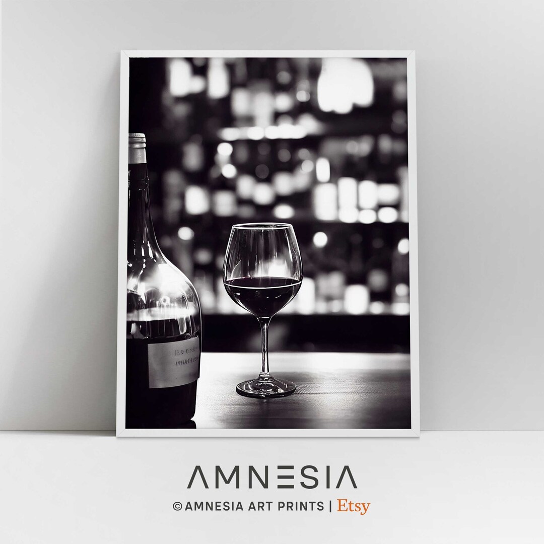 Black & White Wine Glass Art Print Wine Bottle Wall Art Kitchen Wall