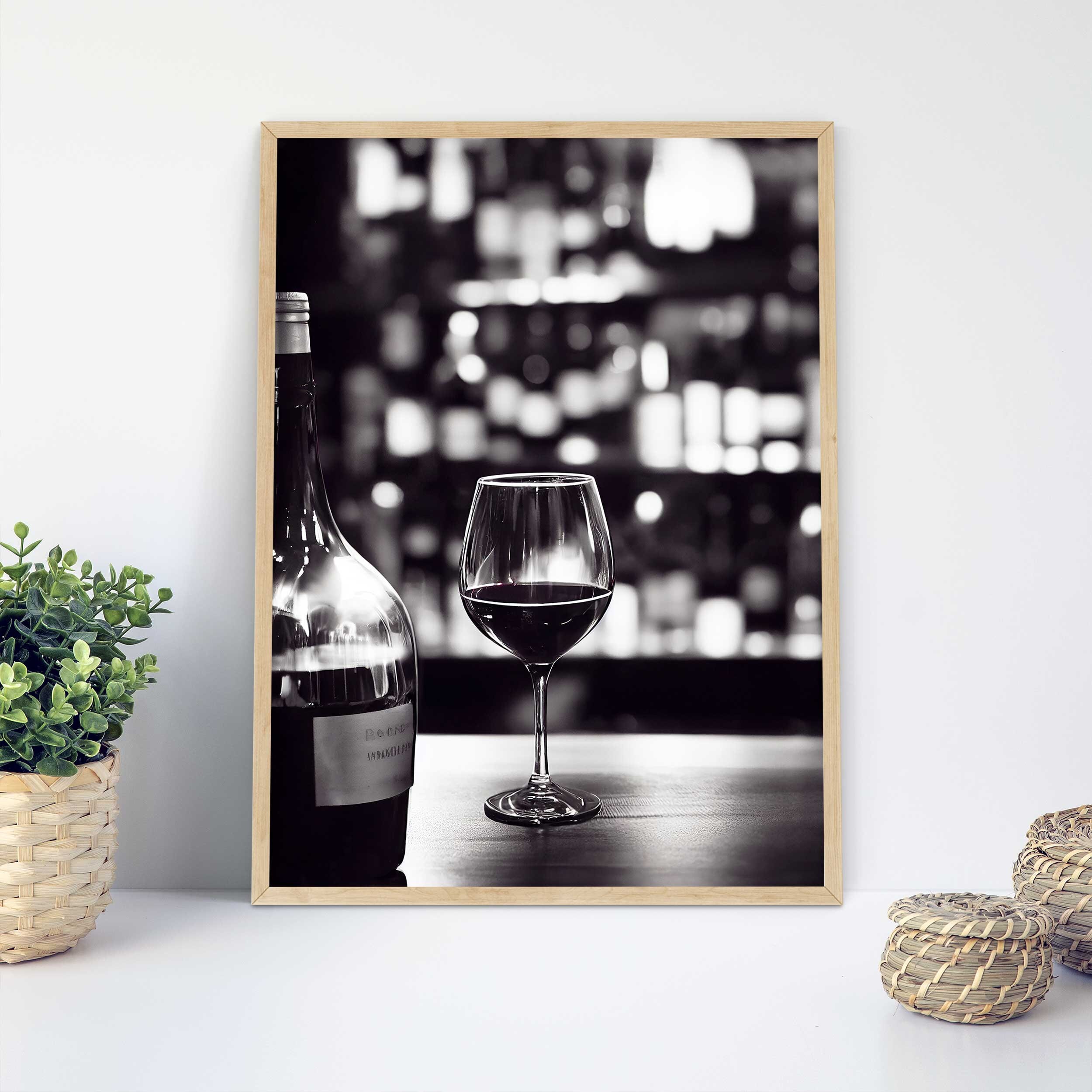Black &amp; White Wine Glass Art Print | Wine Bottle Wall Art | Kitchen Wall Decor | Modern Bar Art ...