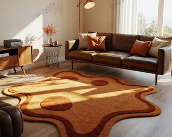 Hand Tufted Wool Area Rug, Golden Orange Abstract Amoeba Rug