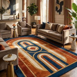 Hand Tufted Art Deco Geometric Area Rug – Rust, Navy Blue, Cream Abstract Carpet