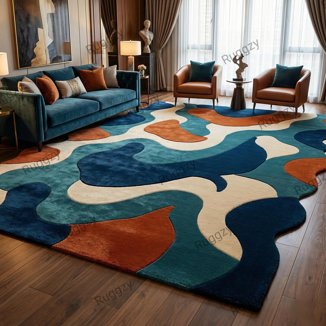 Hand Tufted Wool Rug: Abstract Organic Teal, Navy, Rust, Cream Shapes ...