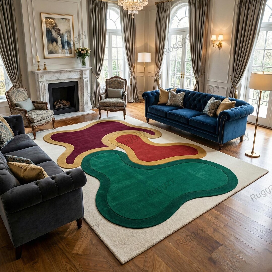 Modern Abstract Color Block Area Rug – Green, Red & Gold Artistic ...