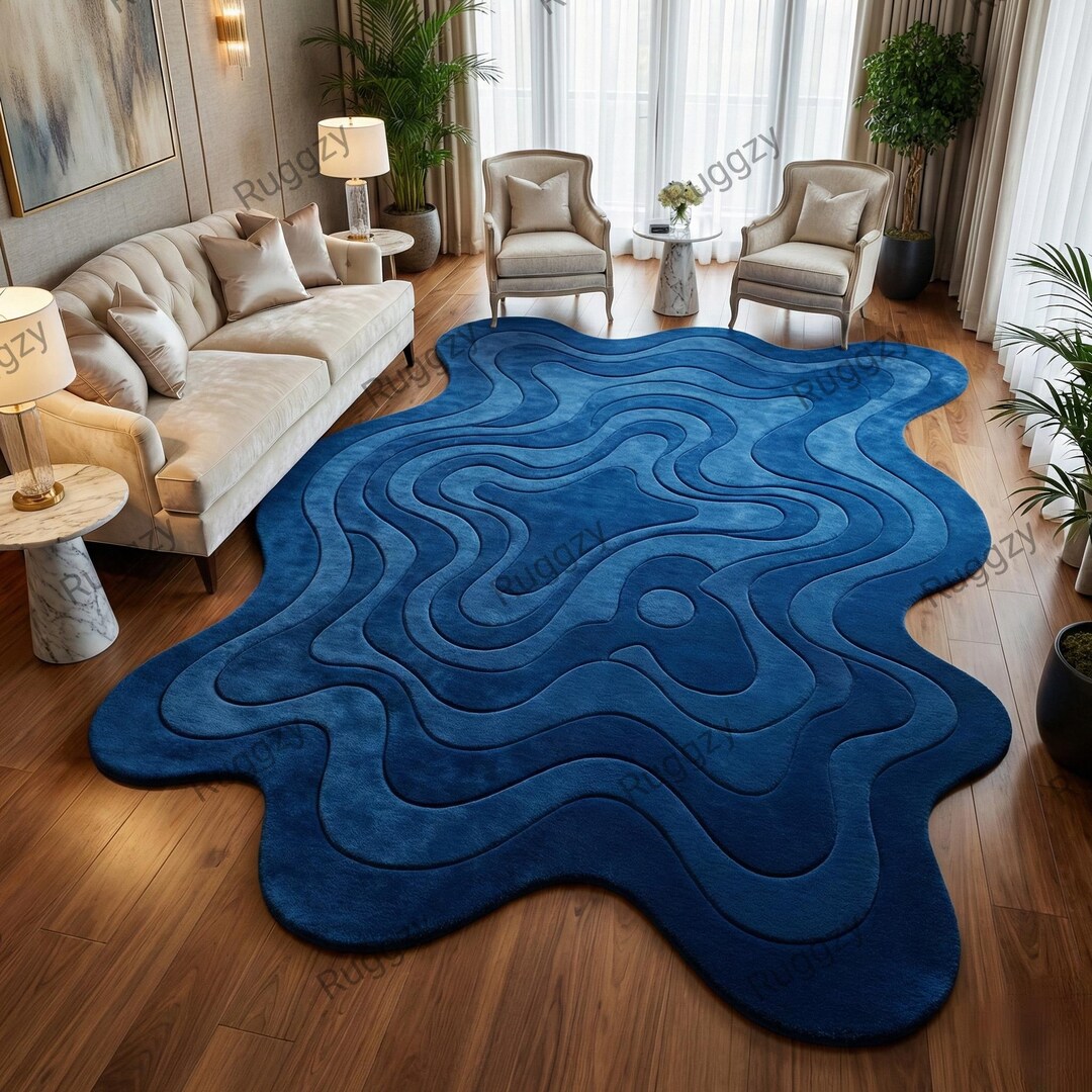 Modern Abstract Contour Blue Area Rug – Irregular Shaped Topographic ...