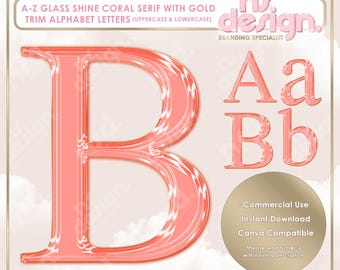 May include: A-Z alphabet letters in a coral serif font with gold trim. The letters are uppercase and lowercase. The letter B is highlighted in the image. The letters have a glass shine effect. The text "design. Branding Specialist" is at the top of the image.