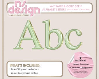 A-Z Sage and Gold Glossy Serif Letters, Sage and Gold Glossy Alphabet, PNG Serif Letters, Sage Gold Clipart