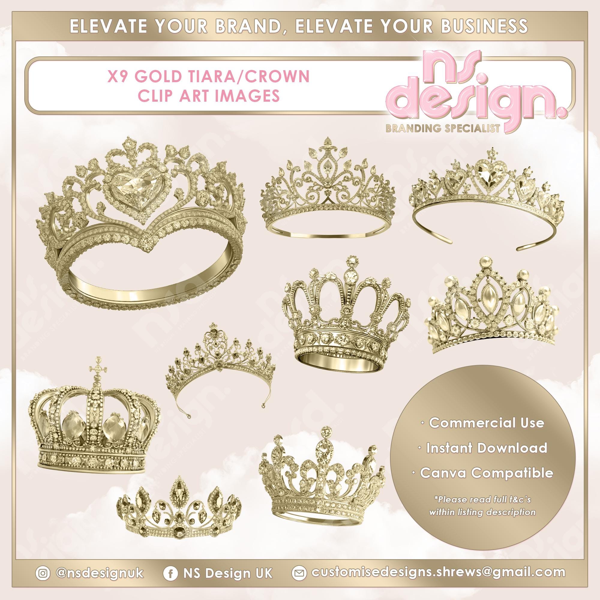 9 Princess Tiaras/ Queen Crowns, Clip Art Stock Images, Gold Clip Art, PNG Images, Princess, Queen, Magical, Clip Art, Royalty