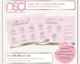 Anweisungen für die Pflege und das Schneiden von Kuchen, Canva-Format, Gold- und Silber-Versionen, bearbeitbarer Hintergrund und Text, Kundenpflege-Kartendesign