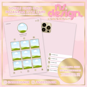 以下が含まれることがあります： ピンクの背景に、両面ゴールドのInstagramスタイルのカードテンプレート。表側は、雲のある緑の風景と金色の枠。裏側は、金色の携帯電話のモックアップと、ソーシャルメディアのハンドル、連絡先情報、ダウンロードに関するメモを記入するスペースがあります。