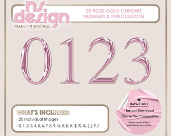 0-9 Numbers and Punctuation/Grammar Rose Gold Chrome 3D Letters, Rose Gold Chrome Alphabet, Chrome Alphabet, PNG Letters, Chrome Clipart