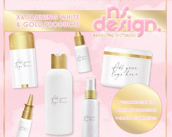 X6 Cosmetic Tanning Products Clip Art, Plain Gold and White Bottles, PNG Images, Tanners, Tanning Supplier, Tanning Products