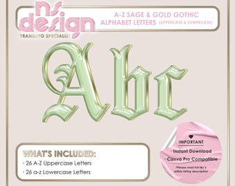 A-Z Sage and Gold Glossy Gothic Blackletter Letters, Sage and Gold Glossy Alphabet, PNG Gothic Blackletter Letters, Sage Gold Clipart