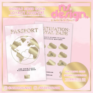 Design de passaporte de fidelidade, Canva editável, dourado, fundo e texto editáveis, recompensas, fidelidade do cliente, passaporte de fidelidade, salão de beleza