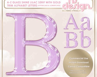 May include: Lilac serif alphabet letters with gold trim. The letters are uppercase and lowercase. The letters are in a glass shine style. The letters are on a white background with clouds. The text "ns.design. Branding Specialist" is in the top right corner of the image.