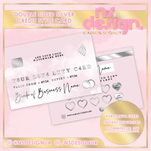 Modèle de carte de crédit coeur fidélité, Toile modifiable, Argenté, Arrière-plan modifiable, Paysage pour cartes de visite, Loyauté, Récompenses, Fidélisation de la clientèle