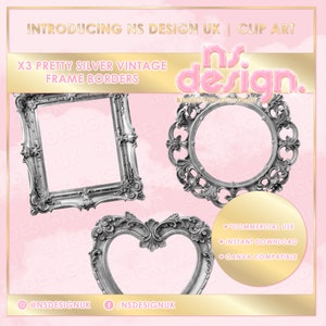 Könnte beinhalten: Drei silberne Vintage-Rahmenbordüren, eine quadratische, eine runde und eine herzförmige. Die Rahmen sind verziert und haben eine abgenutzte Oberfläche. Der Hintergrund ist rosa.