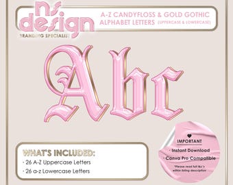 A-Z Candyfloss Pink and Gold Glossy Gothic Blackletter Letters, Light Pink and Gold Glossy Alphabet, PNG Gothic Letters, Pink Gold Clipart