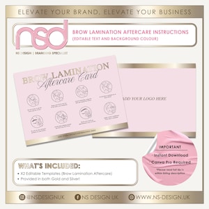 Beauty Brow Lamination Aftercare Instructions, Canva Format, Gold and Silver Versions, Editable Background and Text, Customer Care Card A6