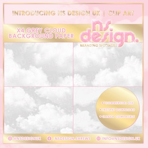 May include: Four digital paper backgrounds featuring a grey cloud design. The backgrounds are perfect for use in Canva and other design programs. The text "Introducing NS Design UK | Clip Art" and "X4 Grey Cloud Background Paper" is displayed at the top of the image. The text "ns.design. Branding Specialist" is displayed in the center of the image. The text "COMMERCIAL USE", "INSTANT DOWNLOAD", and "CANVA COMPATIBLE" is displayed in a gold circle at the bottom of the image. The text "@NSDESIGNUK", "/NSDESIGN.SHREWS", and "INFO@NSDESIGN.UK" is displayed at the bottom of the image.