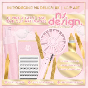 Imágenes prediseñadas de técnico de pestañas, 10 imágenes prediseñadas de stock, rosa y dorado, imágenes PNG, pestañas, artista de pestañas, paquete de imágenes prediseñadas