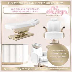 May include: Four gold and white beauty salon furniture clip art images. The images include a white massage table with gold accents, a white barber chair with gold accents, a white salon sink with gold accents, and a white salon counter with gold accents. The text "design" is in the top right corner of the image.