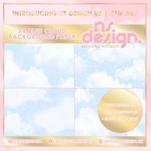 Puede incluir: Cuatro fondos de papel digital que muestran un cielo azul con nubes blancas. El texto "Introducing NS Design UK | Clip Art" y "X4 Blue Cloud Background Paper" está en la parte superior de la imagen. El texto "ns.design. Branding Specialist" está en la esquina superior derecha. El texto "COMMERCIAL USE", "INSTANT DOWNLOAD" y "CANVA COMPATIBLE" está en un círculo dorado en la esquina inferior derecha. El texto "@NSDESIGNUK", "/NSDESIGN.SHREWS" y "INFO@NSDESIGN.UK" está en la parte inferior de la imagen.