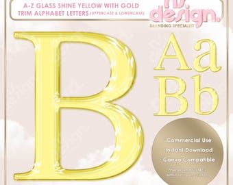 May include: Yellow glass shine alphabet letters with gold trim, uppercase and lowercase. The image includes the letters B, A, a, B, and b. Text at the top reads "Elevate Your Brand, Elevate Your Business". The image also includes the text "Commercial Use, Instant Download, Canva Compatible".
