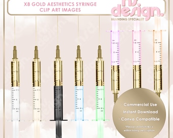 8 Gold Aesthetics Syringe Clip Art, Clip Art Stock Images, Colourful, PNG Images, Aesthetician, Clip Art Bundle, Injection, Lip Filler