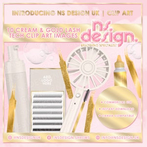 Imágenes prediseñadas de técnico de pestañas, 10 imágenes prediseñadas de stock, crema y oro, imágenes PNG, pestañas, artista de pestañas, paquete de imágenes prediseñadas