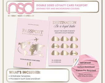 May include: A double-sided loyalty card passport template in light pink with gold accents. The front features a world map, airplane, and text reading PASSPORT LOYALTY PASSPORT. The back includes cloud-shaped stamp icons and text reading DESTINATION Be a loyal babe.