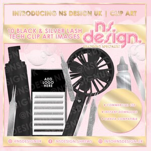 Imágenes prediseñadas de técnico de pestañas, 10 imágenes prediseñadas de stock, negro y plateado, imágenes PNG, pestañas, artista de pestañas, paquete de imágenes prediseñadas