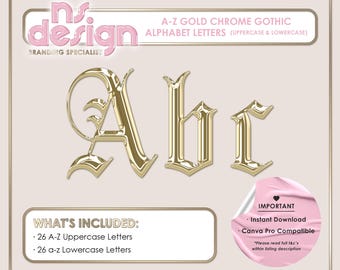 A-Z Gold Chrome 3D Letters, Gold Chrome Alphabet, Chrome Alphabet, PNG Letters, Gold Chrome Clipart, Gothic Font