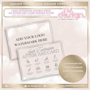 Carte postale A6, modèle de carte de visite, toile, modifiable, argent, aménagement paysager A6, marketing, carte de soin après-cils pour extensions de cils, beauté