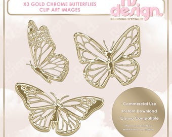 3 Chrome Butterflies, Butterfly Clip Art Stock Images, Gold Chrome, Gold Clip Art, PNG Images, Butterfly Silhouettes, Clip Art