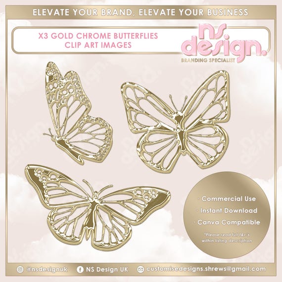 3 Chrome Butterflies, Butterfly Clip Art Stock Images, Gold Chrome, Gold Clip Art, PNG Images, Butterfly Silhouettes, Clip Art