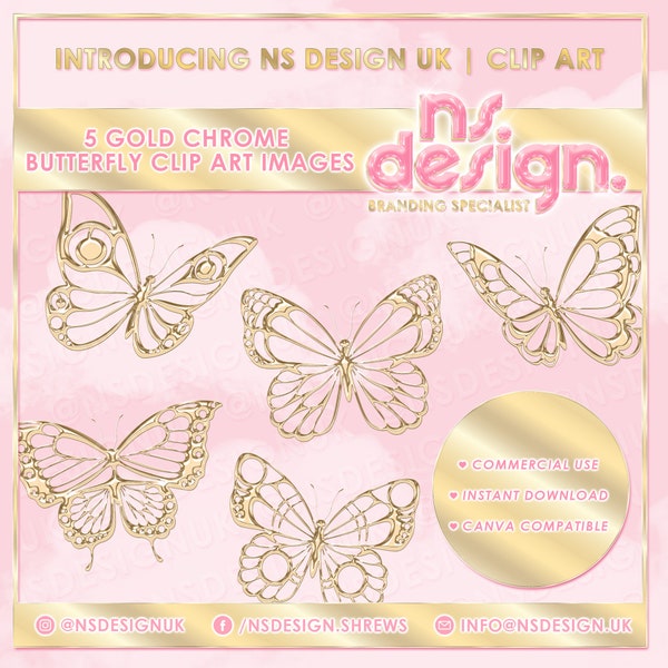 5 Chrome Butterflies, Butterfly Clip Art Stock Images, Gold Chrome, Gold Clip Art, PNG Images, Butterfly Silhouettes, Clip Art