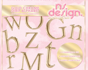 A-Z Gold Chrome 3D Letters, Gold Chrome Alphabet, Chrome Alphabet, PNG Letters, Gold Chrome Clipart