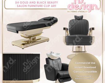 May include: Gold and black salon furniture clip art featuring a reclining massage table, a barber chair, a shampoo bowl, and a counter. The furniture is styled with gold accents and black upholstery.