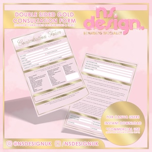Puede incluir: Formulario de consulta de oro de doble cara con fondo rosa y detalles dorados. El formulario incluye secciones para información personal, historial médico, medicamentos actuales, comentarios adicionales y comentarios del profesional. El formulario también incluye una sección de declaración y una sección de firma. El texto "FOR CANVA USERS INSTANT DOWNLOAD *COMMERCIAL USE (READ DESCRIPTION FOR FULL TERMS)" se encuentra en la parte inferior del formulario.