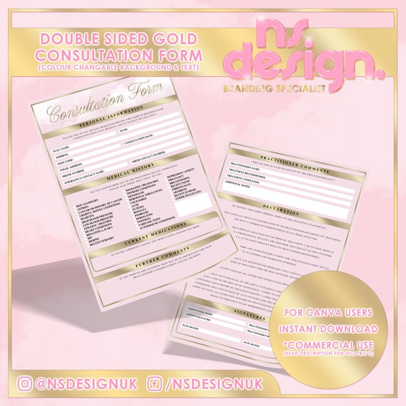 A4 Double Sided Beauty Salon Consultation Medical Form, Aesthetic, Lash, Salon, Practitioner, Printable Document, Canva Compatible, Gold