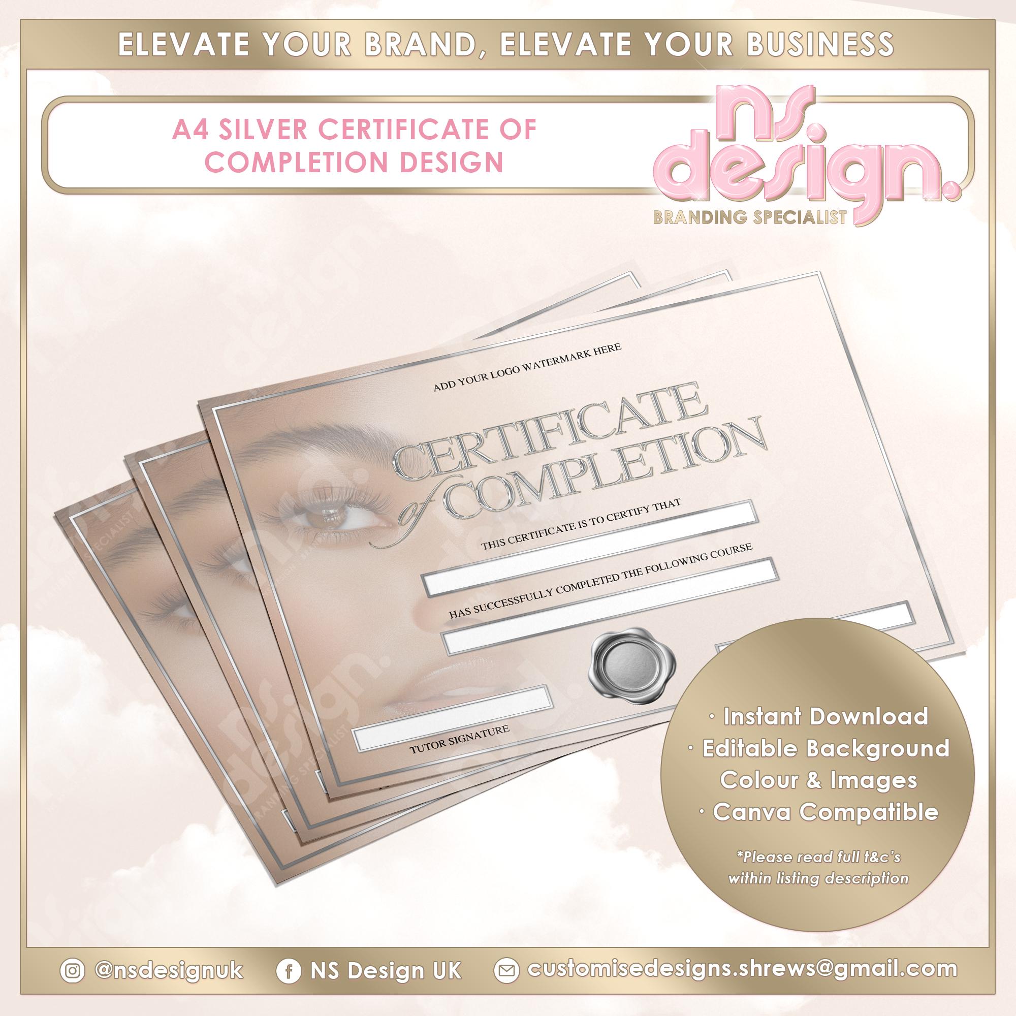 Certificate of Completion Template Design, Canva, Editable Background, Classic Silver, A4 Landscape Certificate, Academy, Training